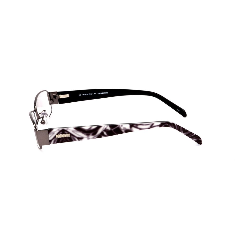 Side view of Emilio Pucci Gray Metal Frames with ruthenium finish and decorative temple, size 50-17-135 mm.