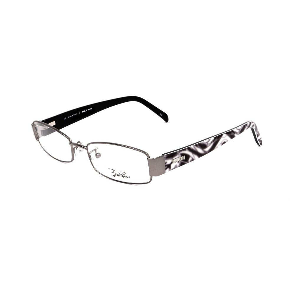 Alt Tag: Emilio Pucci Gray Metal Frames with ruthenium gray color, 52/17/135 mm dimensions, stylish eyewear for women.