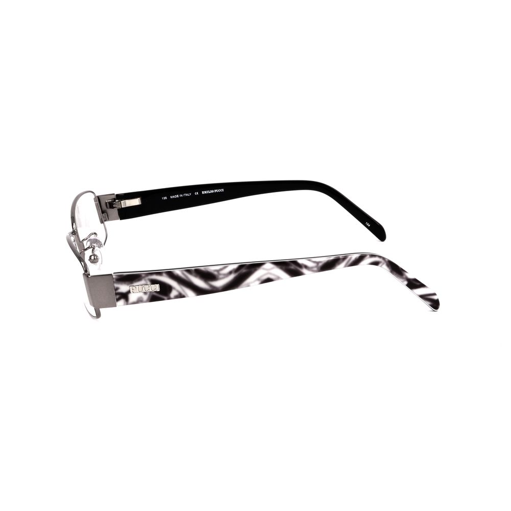 Side view of Emilio Pucci Gray Metal Frames with ruthenium gray color and stylish pattern on temples suitable for women.
