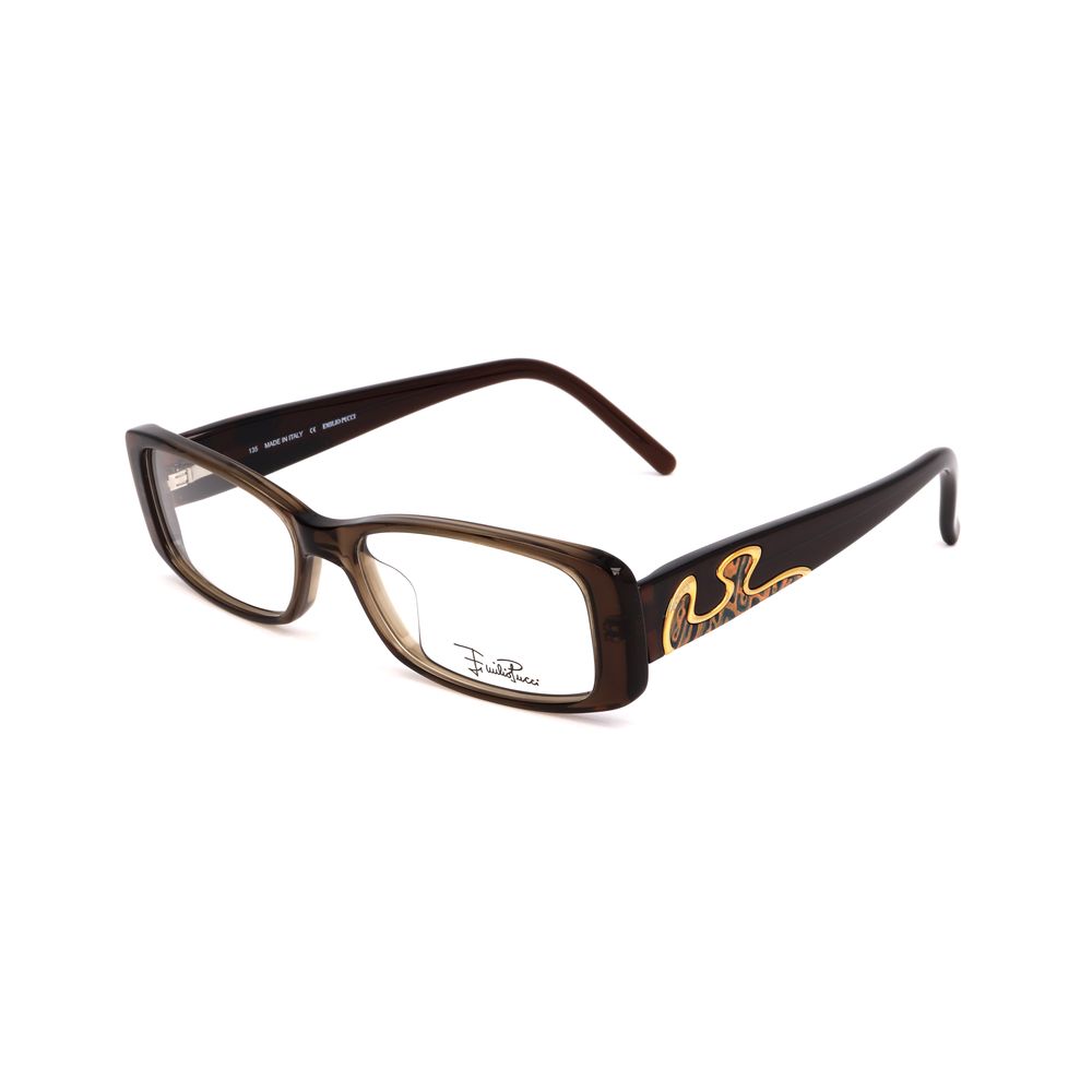 Emilio Pucci Bicolor Plastic Frames in hazelnut with decorative design, lens/bridge/temple dimensions 50/15/135 mm.