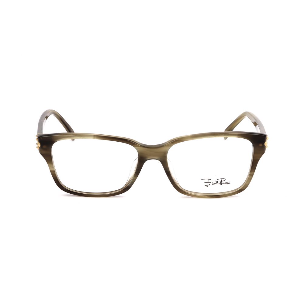 Front view of Emilio Pucci Green Plastic Frames with olive stripes, featuring dimensions 52/16/135 mm, stylish eyewear for women.