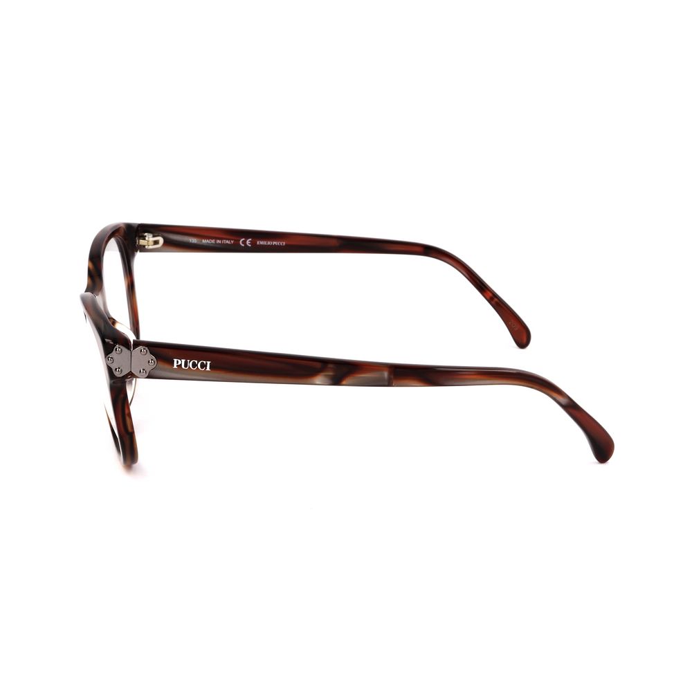 Side view of Emilio Pucci Red Plastic Frames with pearl red stripes, showing the temple detail and 'Pucci' branding.