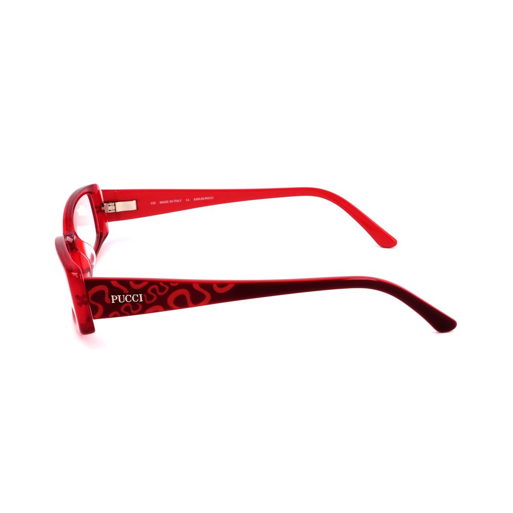 Side view of Emilio Pucci Red Plastic Frames with cherry color and temple length of 135mm, showcasing the distinct Pucci branding.