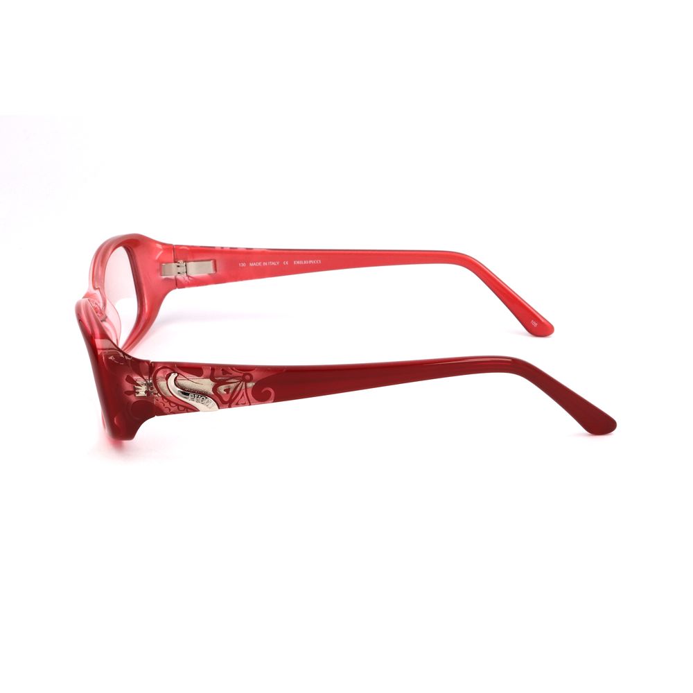Side view of Emilio Pucci Red Plastic Frames with gradient red color and decorative temples, featuring dimensions 51/17/130 mm.