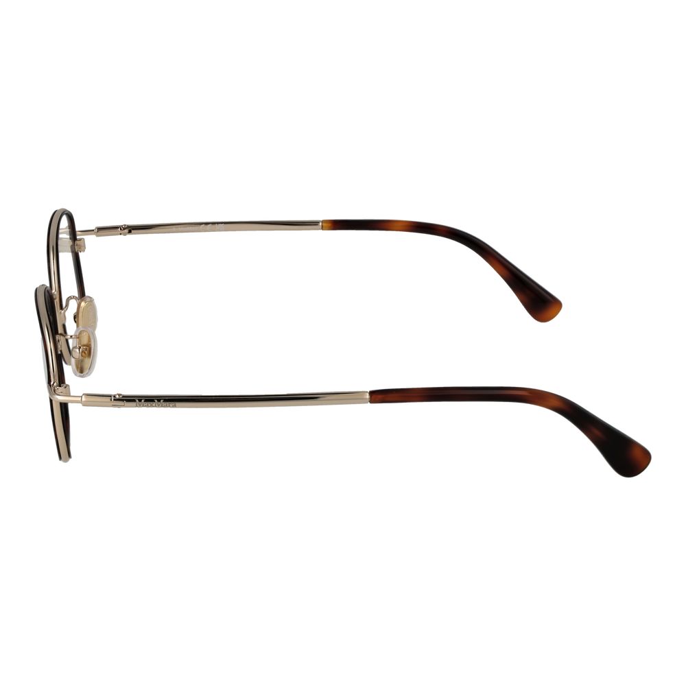Side view of Max Mara Brown Women Glasses Frame, showing metal temples with brown accents, full-rim round style, includes branded case.