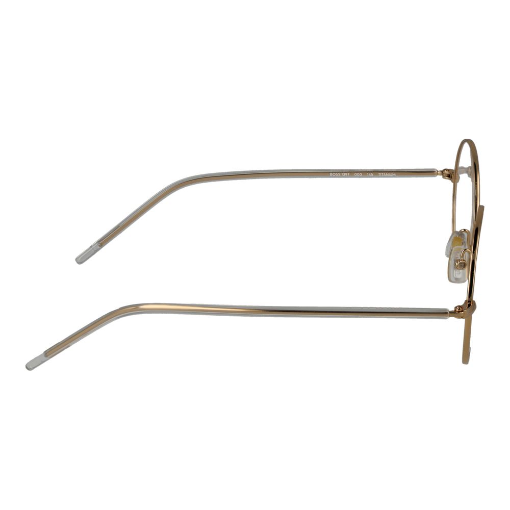 Side view of Hugo Boss Gold Women Glasses Frame in full-rim titanium with round demo lenses, showcasing gold temples and frame.