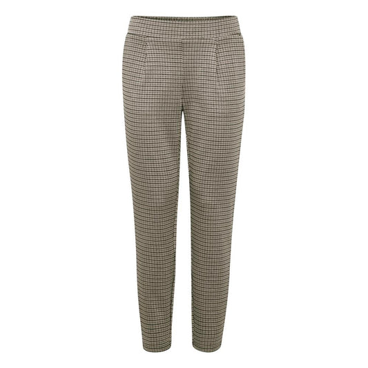 ICHI Beige Polyester Pant - Women's cigarette trousers with straight tapered cut, flat waistband, and side pockets for refined style.