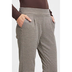 ICHI Beige Polyester Pant showing flat waistband and side pockets in a refined, checkered pattern.