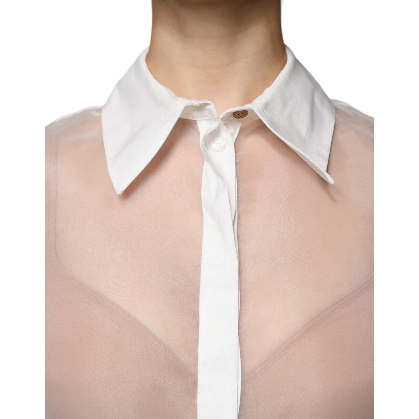 Elisabetta Franchi White Sheer Collared Buttoned Long Sleeves Top