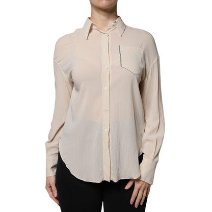 Brunello Cucinelli Beige Silk Blend Collared Button Down Top