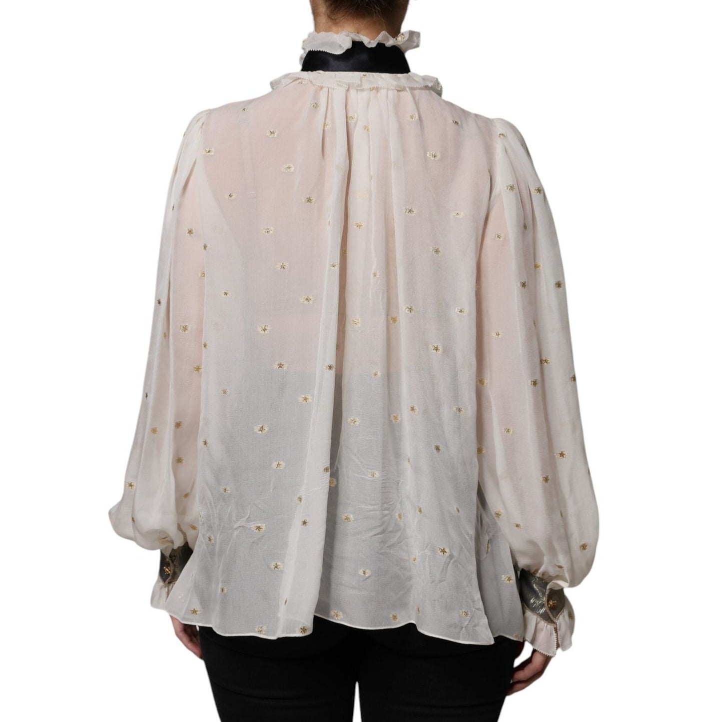 Dolce & Gabbana Off White Silk Blend Ascot Collar Blouse Top