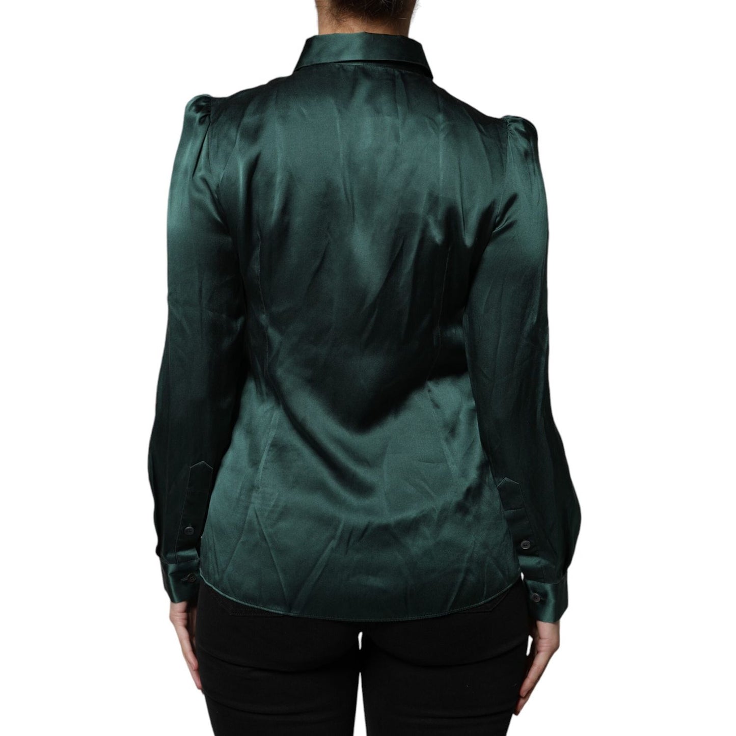 Dolce & Gabbana Dark Green Silk Button Down Long Sleeves Blouse Top