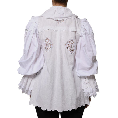 Dolce & Gabbana White Cotton Lace Trim Collared Blouse Top