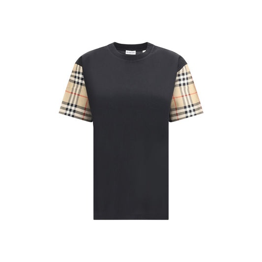 Front view of Burberry Check Archive Sleeve T-shirt with iconic Archivio Check pattern on sleeves, showcasing ribbed collar and chic design.