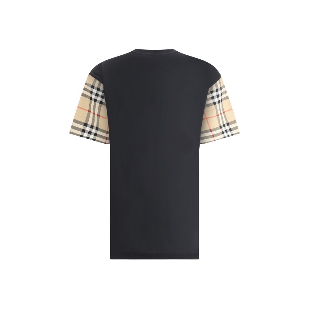 Back view of Burberry Black Cotton T-Shirt with check pattern sleeves, showcasing iconic Archivio Check design.