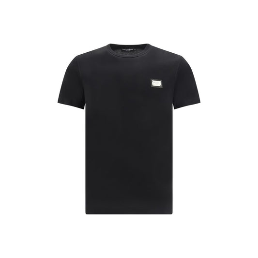 Dolce & Gabbana Black Cotton T-Shirt with ribbed crew neck and D&G monogram plaque, oversize fit, 100% cotton, made in Italy, AW25.
