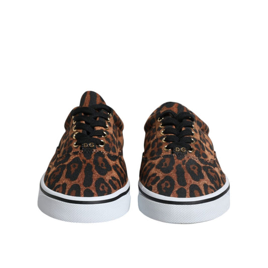 Dolce & Gabbana Brown Leopard Logo Print Cotton Sneakers Shoes