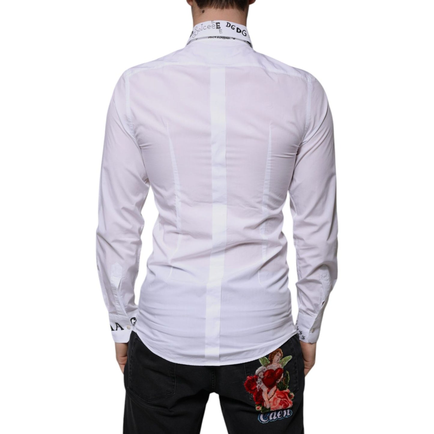 Dolce & Gabbana White Cotton Logo Formal Men GOLD Dress Shirt