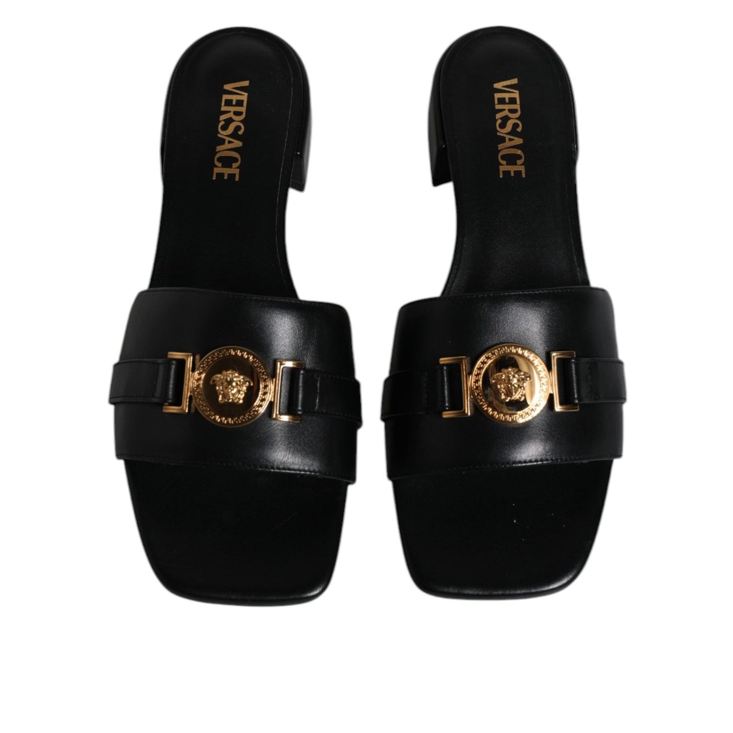 Versace Black Leather Logo Plaque Slip On Slides Flats Shoes