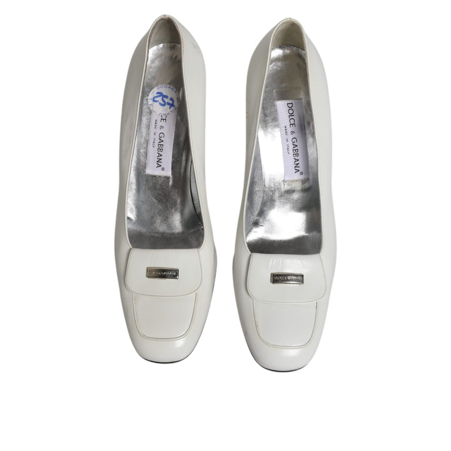 Dolce & Gabbana White Leather Block Heels Pumps Shoes