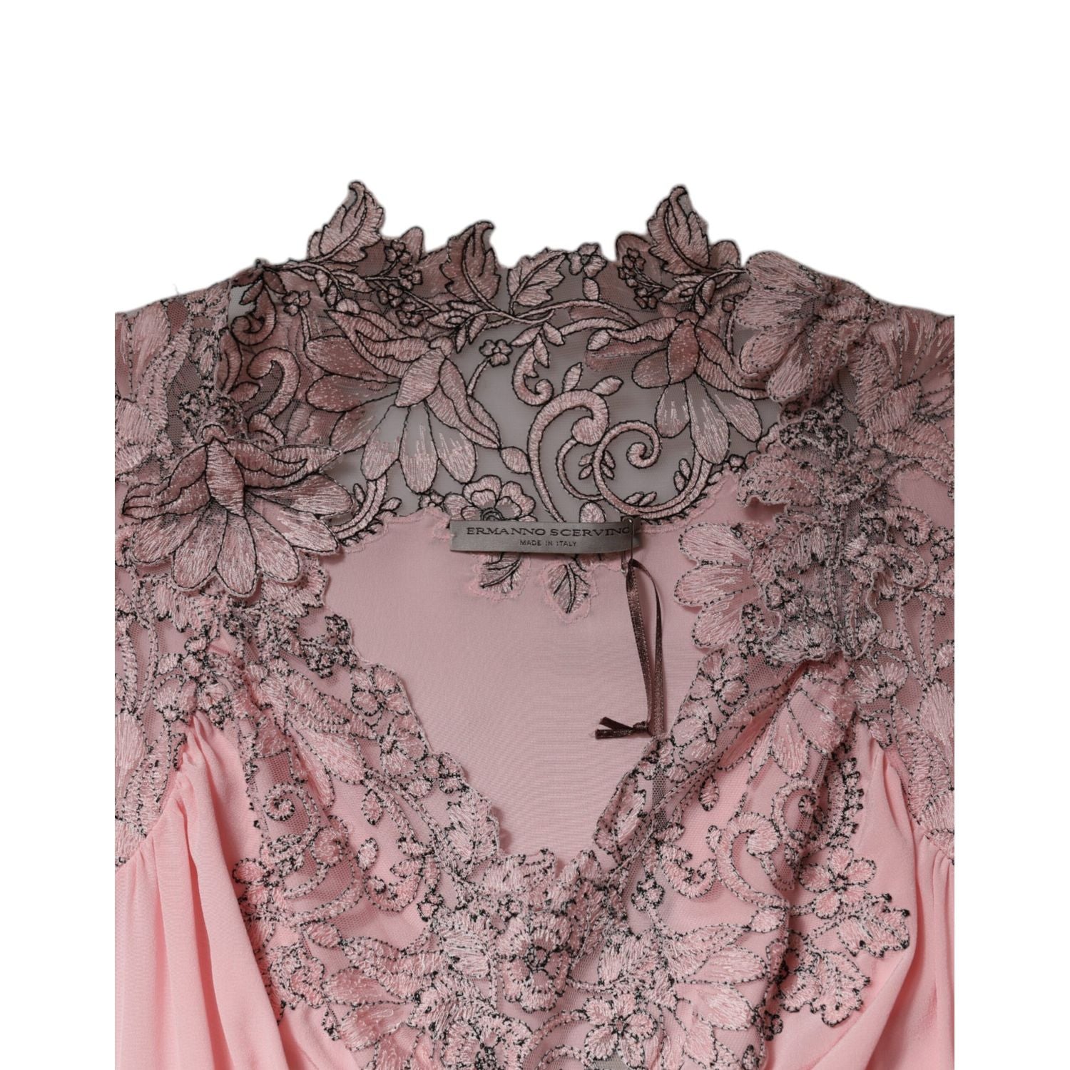 Ermanno Scervino Pink Floral Lace Short Sleeves V-neck Midi Dress