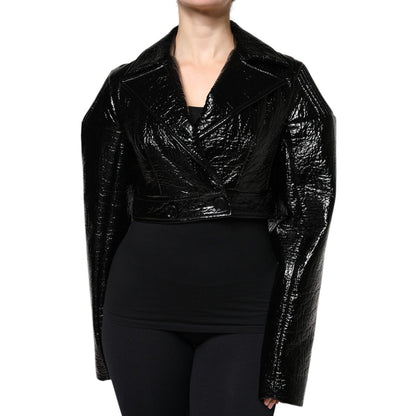 Dolce & Gabbana Black Leather Cropped Long Sleeve Coat Jacket