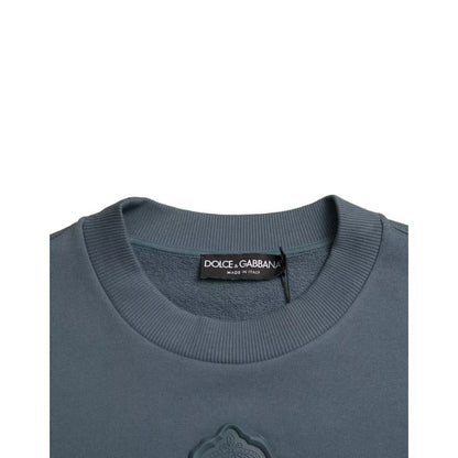 Dolce & Gabbana Blue Cotton Logo Patch Crew Neck Men Pullover Sweater