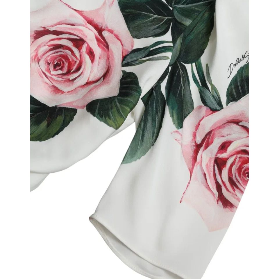 Dolce & Gabbana White Roses Print Stretch Silk Pleated Dress