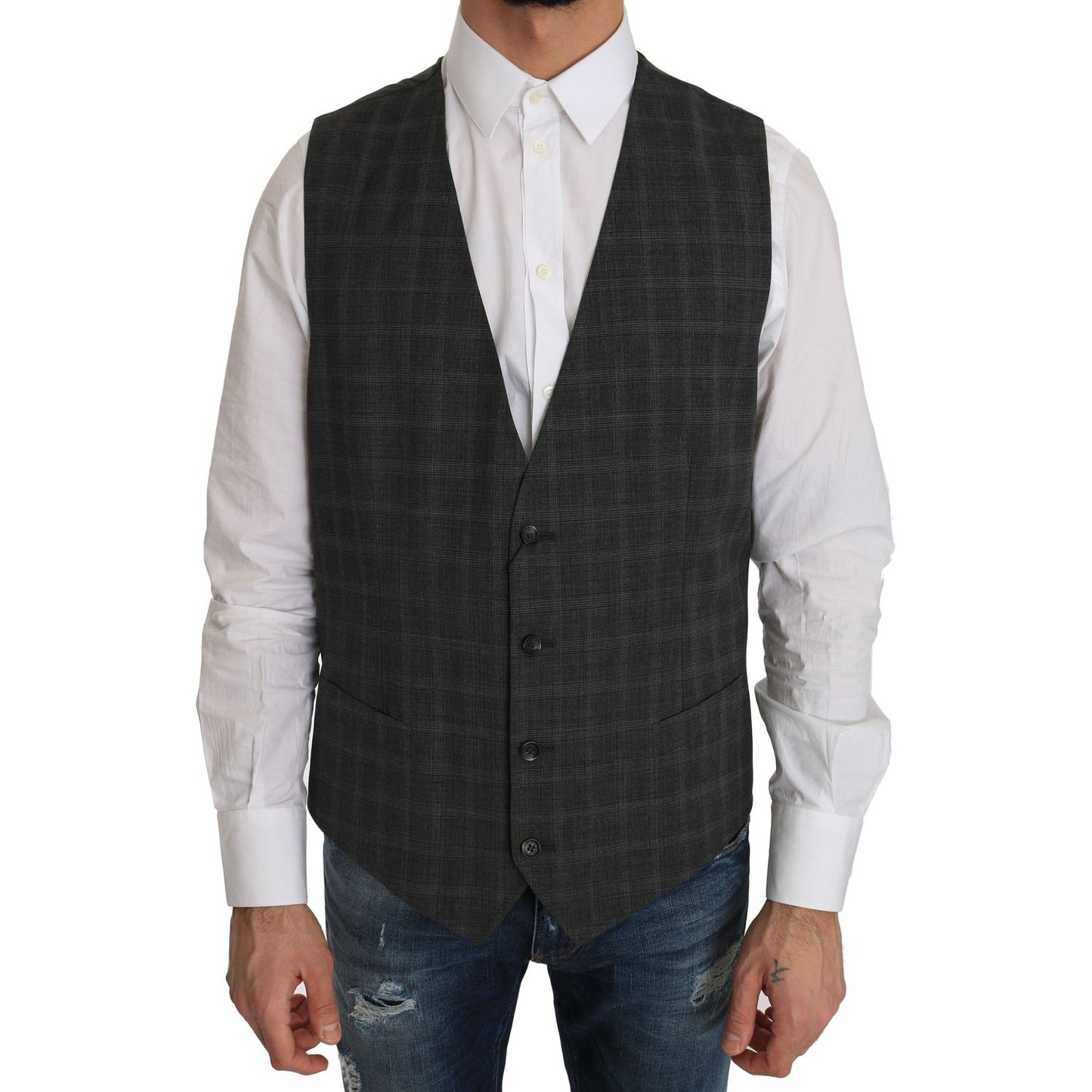 Dolce & Gabbana Gray Wool STAFF Checkered Stretch Vest 1728,3% Elastan,67345645728,Clothing,Dolce & Gabbana,Gray,IT52 | XL,Material: 97% Wool,Men,Men - Clothing,New with tags,Suits & Blazers - Clothing,Vests - Men - Clothing,Waistcoats - Suits & Blazers -