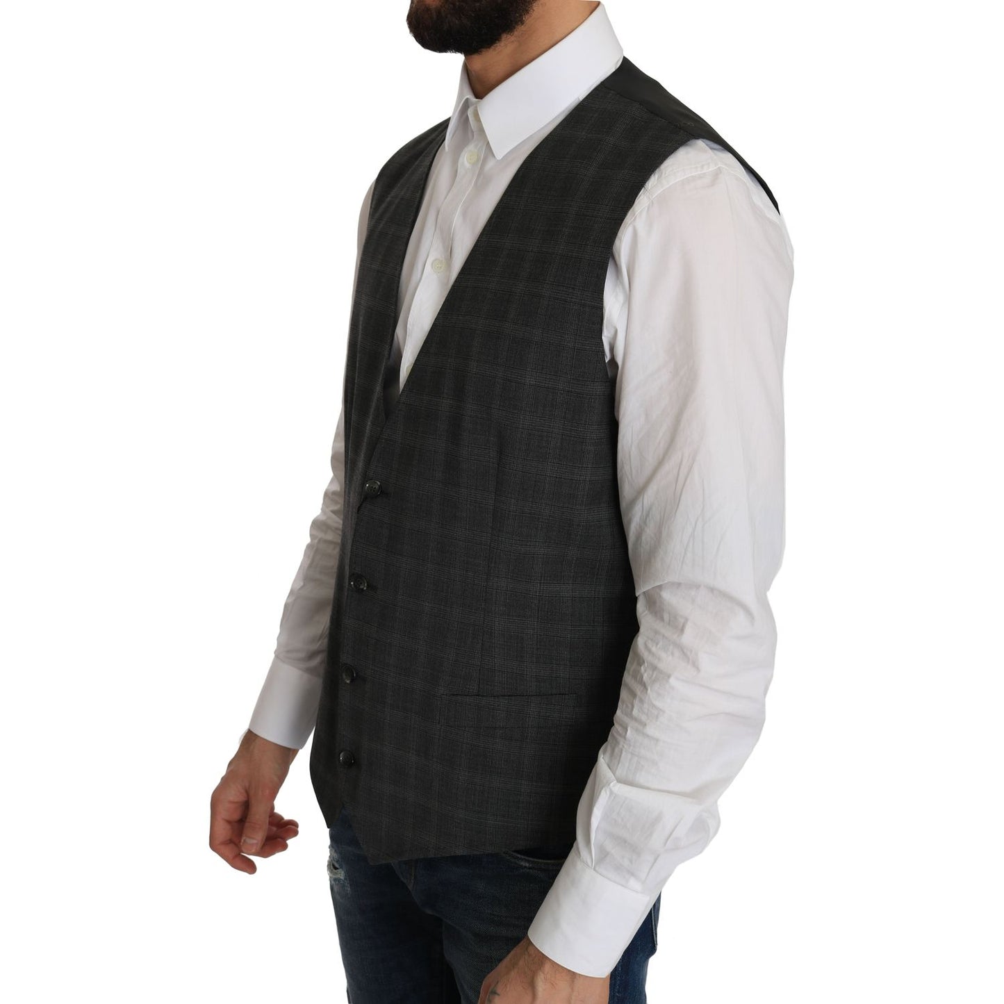 Dolce & Gabbana Gray Wool STAFF Checkered Stretch Vest 1728,3% Elastan,67345645728,Clothing,Dolce & Gabbana,Gray,IT52 | XL,Material: 97% Wool,Men,Men - Clothing,New with tags,Suits & Blazers - Clothing,Vests - Men - Clothing,Waistcoats - Suits & Blazers -