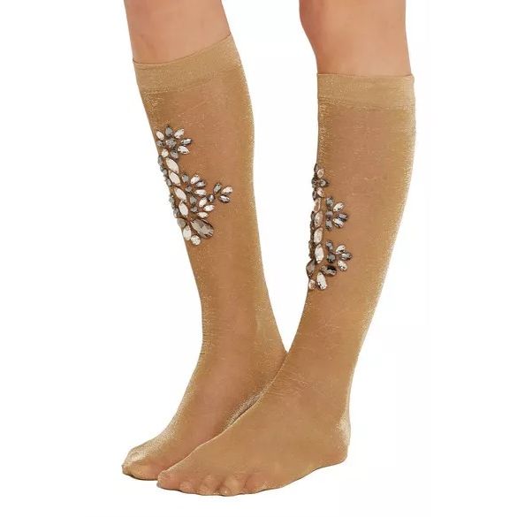 Dolce & Gabbana Gold Stretch Floral Clear Crystal Stocking Socks