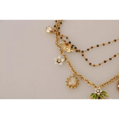 Dolce & Gabbana Gold Brass Crystal Floral Statement Charms Necklace