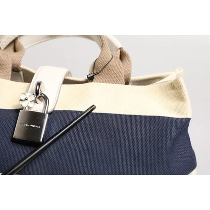 Dolce & Gabbana White Navy Striped Canvas Top Handle Tote Bag