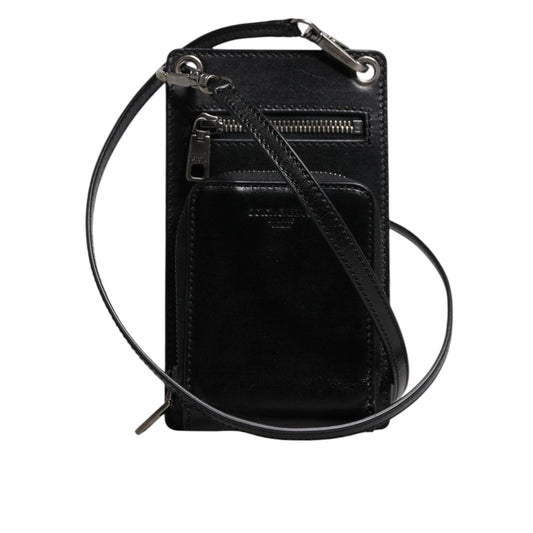 Dolce & Gabbana Black Horse Leather Zip Logo Shoulder Neck Strap Wallet BAG4210