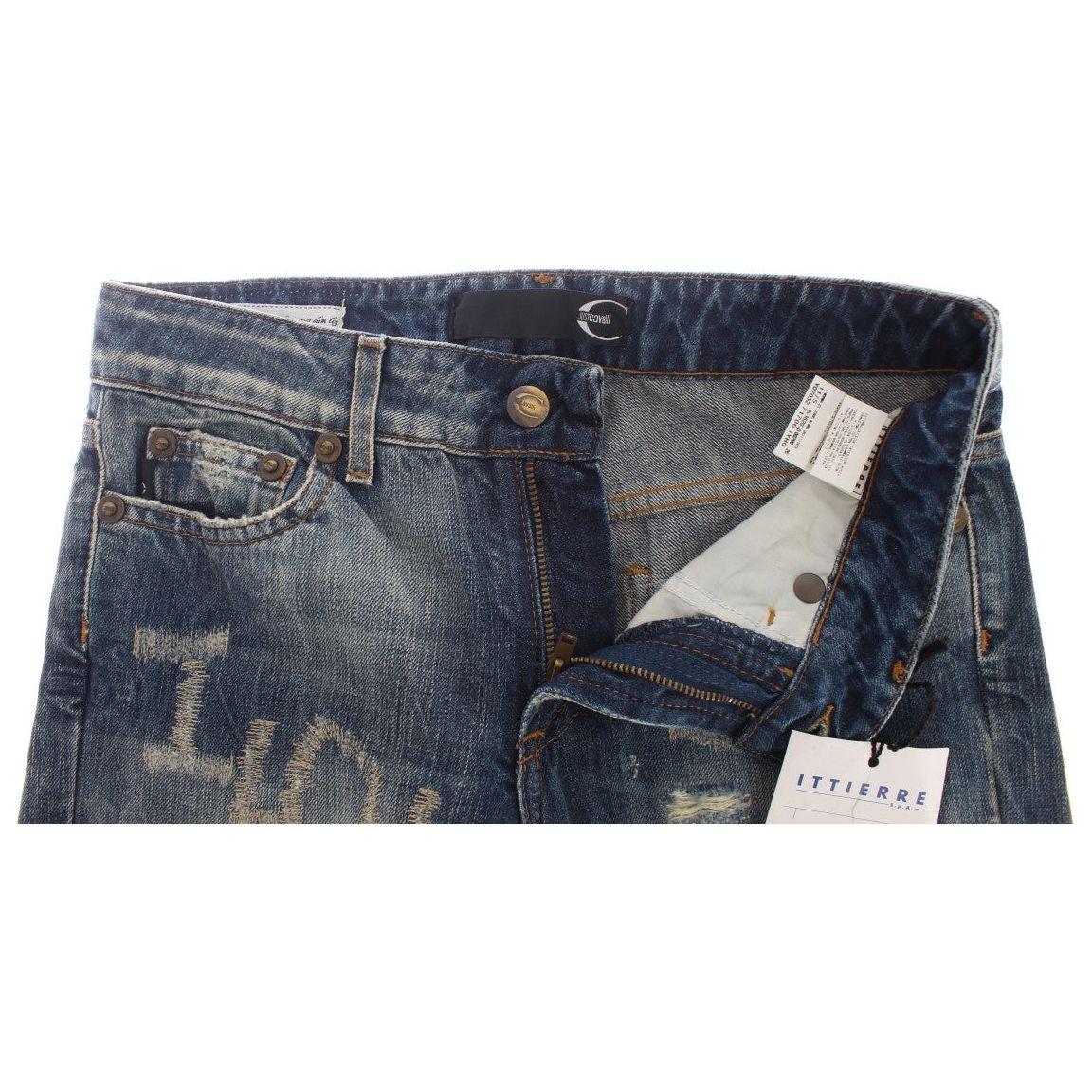 Cavalli Blue Wash Torn Cotton Straight Fit Jeans