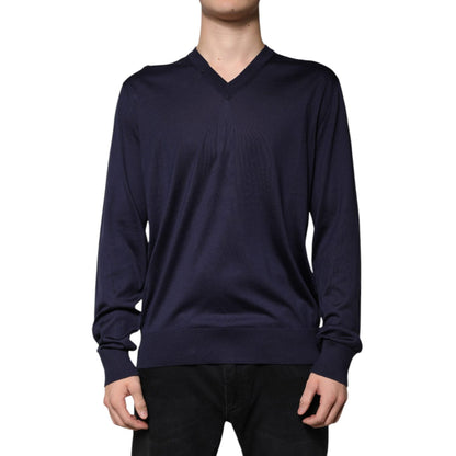 Dolce & Gabbana Navy Blue Silk V-neck Pullover Sweater
