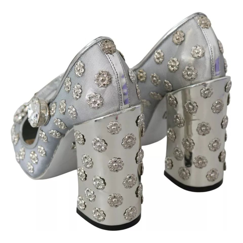 Dolce & Gabbana Silver Crystal Studs Heels Mary Janes Pumps Shoes LA7782-39