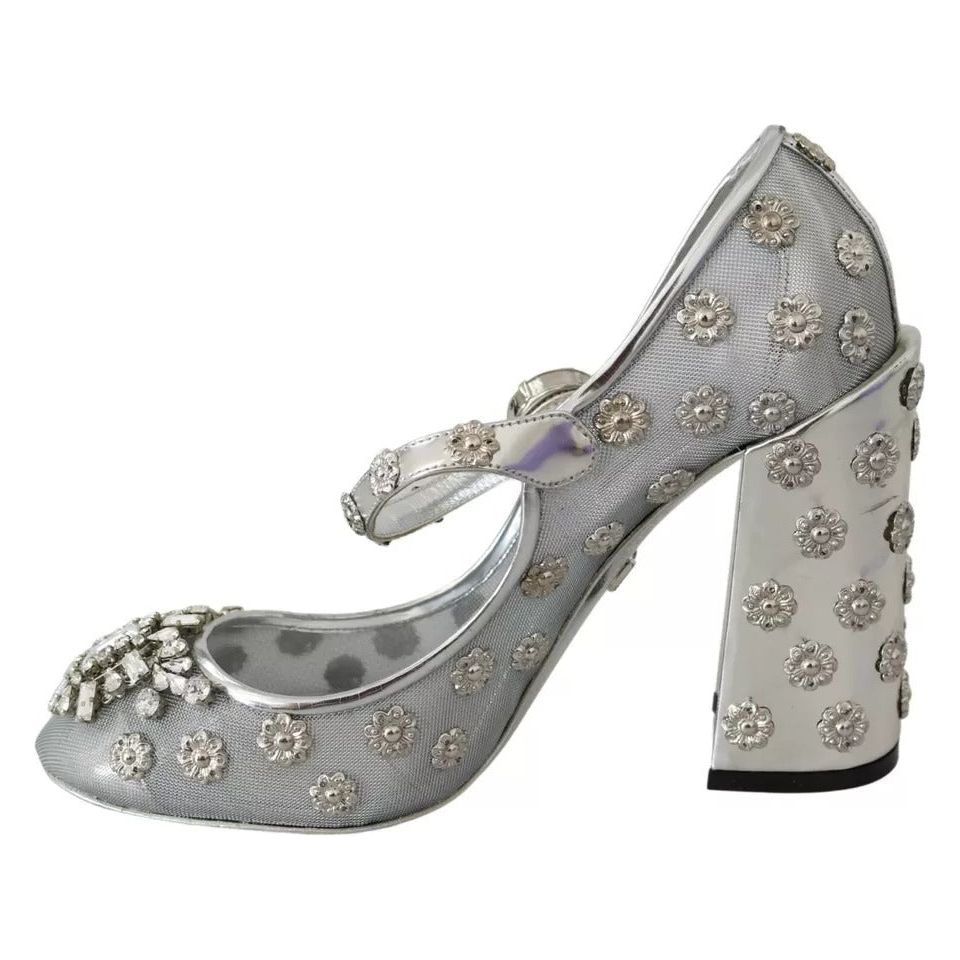 Dolce & Gabbana Silver Crystal Studs Heels Mary Janes Pumps Shoes LA7782-39