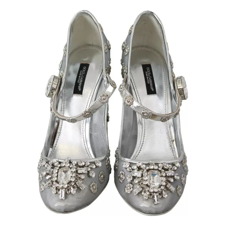 Dolce & Gabbana Silver Crystal Studs Heels Mary Janes Pumps Shoes LA7782-39