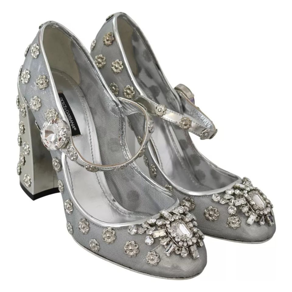 Dolce & Gabbana Silver Crystal Studs Heels Mary Janes Pumps Shoes LA7782-39