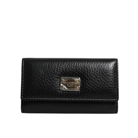 Dolce & Gabbana Black Leather Gold Metal Logo Plaque Trifold Keyring BAG4222
