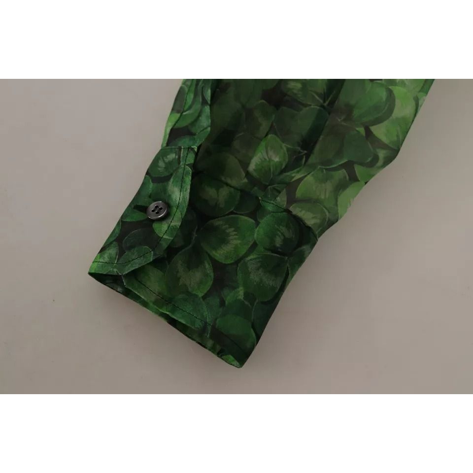 Dolce & Gabbana Green Clover Print Long Sleeves Collared Top Blouse