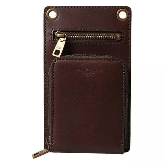 Dolce & Gabbana Brown Calf Leather Zip Logo Shoulder Neck Strap Wallet SMY201300