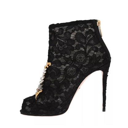 Dolce & Gabbana Black Crystal Lace Booties Stilettos Shoes