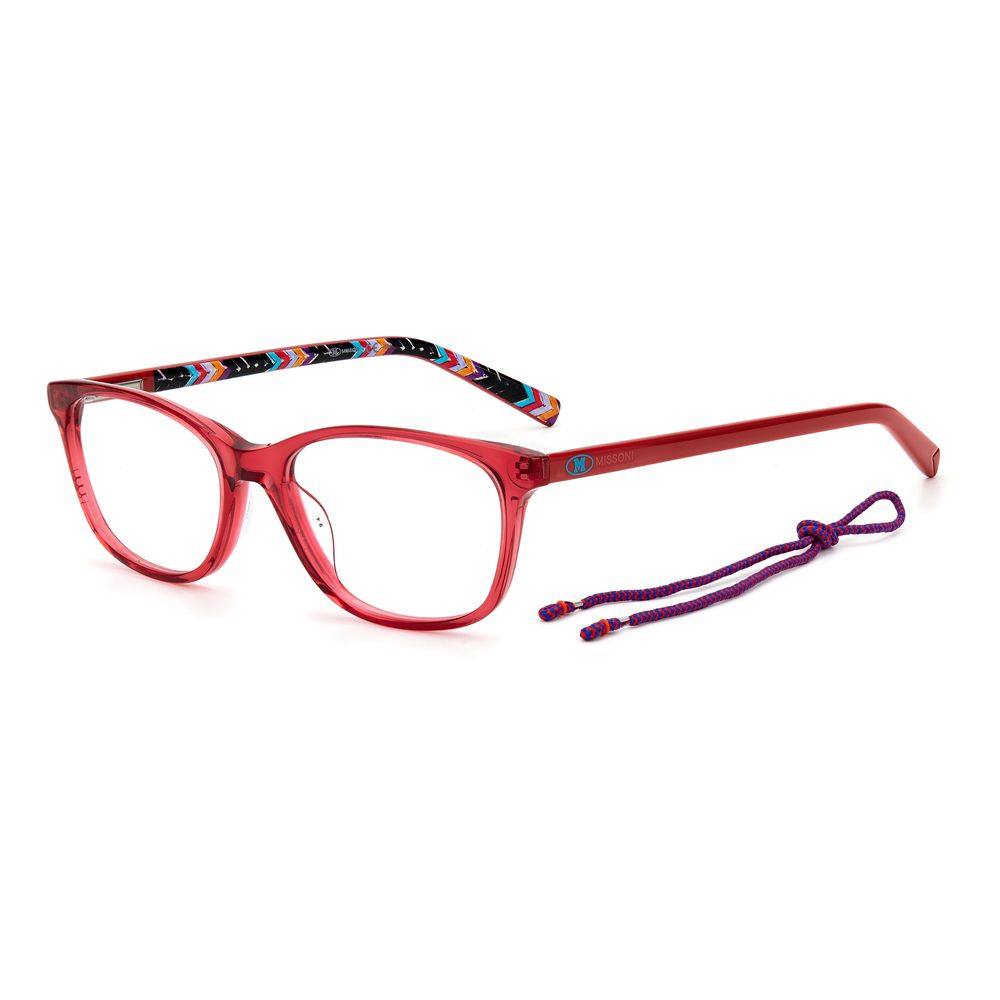 M Missoni Red Acetate Frames with cherry color and 52/17/140mm dimensions, featuring a colorful patterned temple.