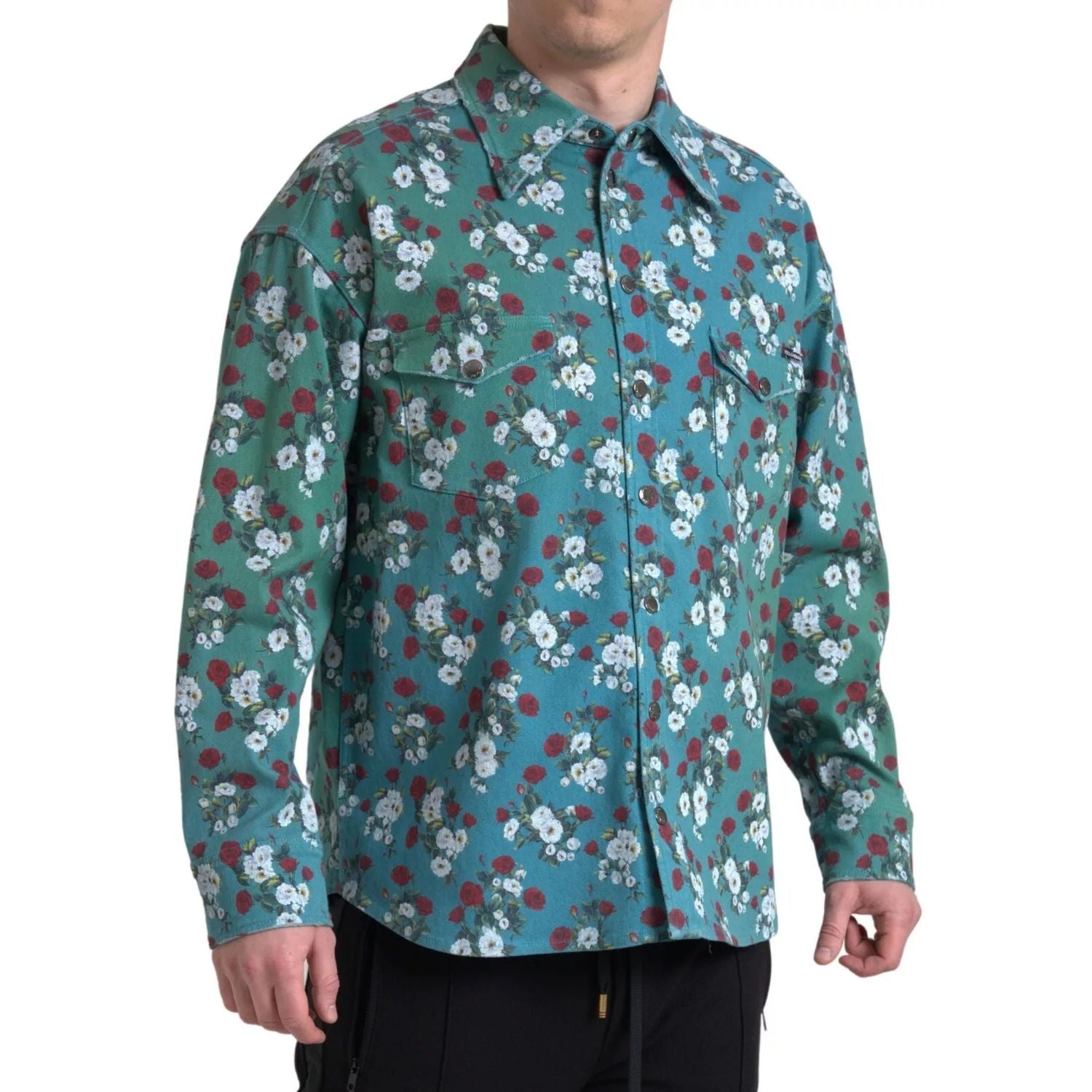 Dolce & Gabbana Blue Floral Cotton Button Down Denim Shirt
