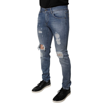 Dolce & Gabbana Blue Tattered Cotton Stretch Skinny Denim Jeans