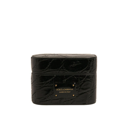 Dolce & Gabbana Black Leather Metal Logo Plaque Holder Airpods Case