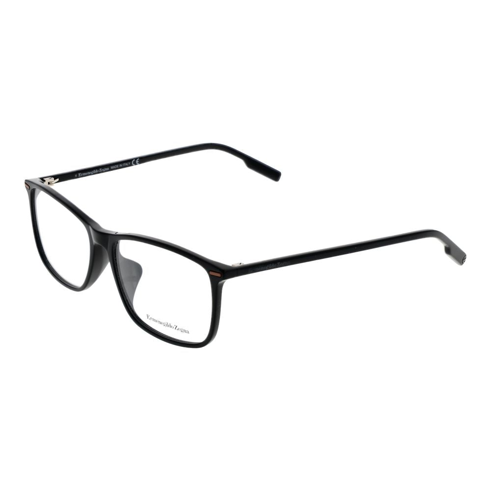 Ermenegildo Zegna Black Men Glasses Frame in acetate with full-rim rectangle style, demo lenses, size 57-16-145, includes branded case.