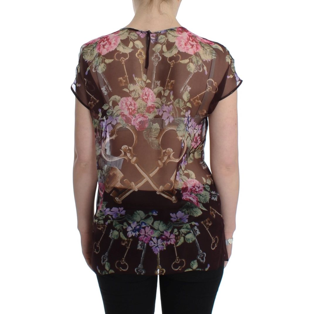 Dolce & Gabbana Black Key Floral Print Silk Blouse T-shirt